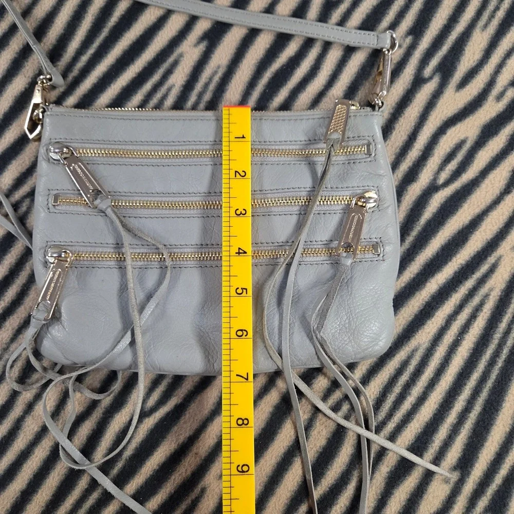 Rebecca Minkoff 5-Zip Crossbody Grey Gen Leather Moto Fringe Bag Gold Hardware